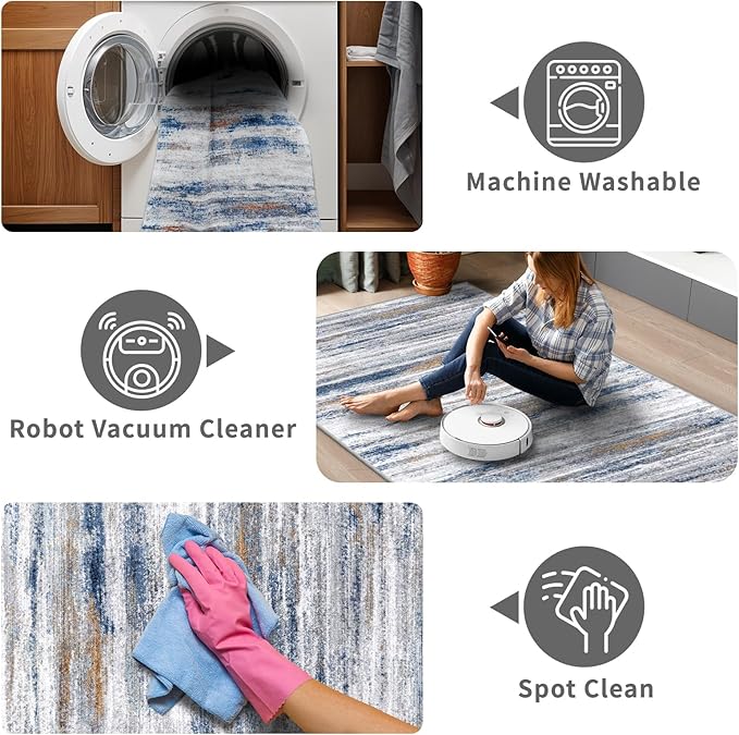 Large Runner Rugs for Hallway 4x16: Non-Slip Washable Wide Carpet - Soft Low-Pile Stain and Spill Resistant Rug for Entryway Living Room Dining Room Balcony Garage Office Navy Grey