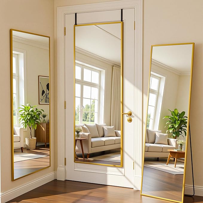 Antok 58''x 20'' Full Length Mirror Over Door, 4-in-1 Standing Leaning Wall Mounted, Adjustable Hanging Mirror for Bedroom Living Room, Gold, Rect Corner
