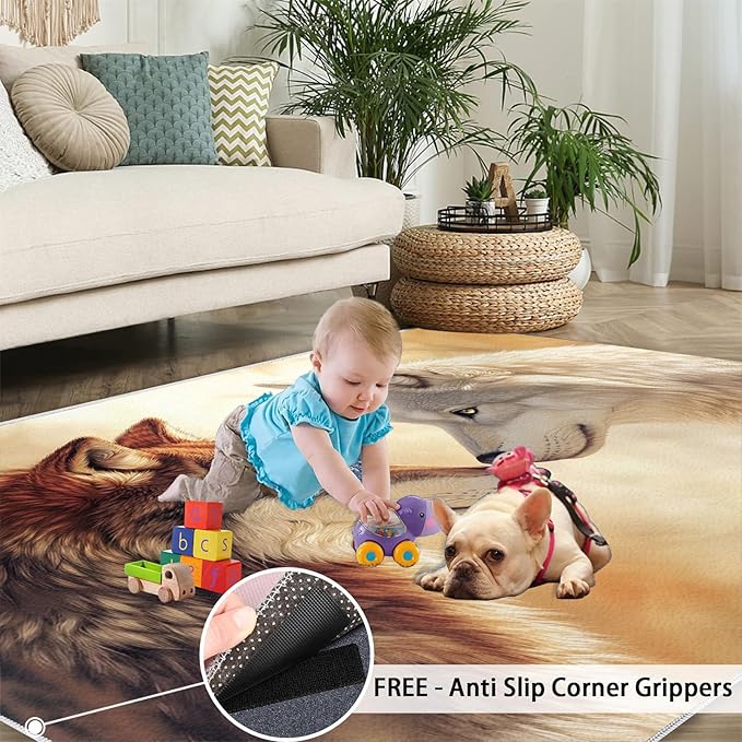 Wolf Rugs for Bedroom - 4x5 Area Rug - 3D Wolf Rugs for Living Room, Misty Forest Rug, Non-Slip Washable Home Decor Carpet