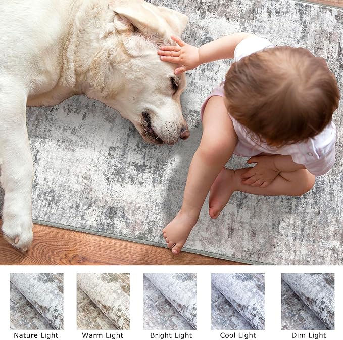 Modern Abstract 3x10 Runner Rug, Beige Grey Neutral Washable Long Kitchen Runner Non-Slip Soft Hallway Rug Runner Thin Print Faux Wool Carpet for Entryway Hall Bedroom