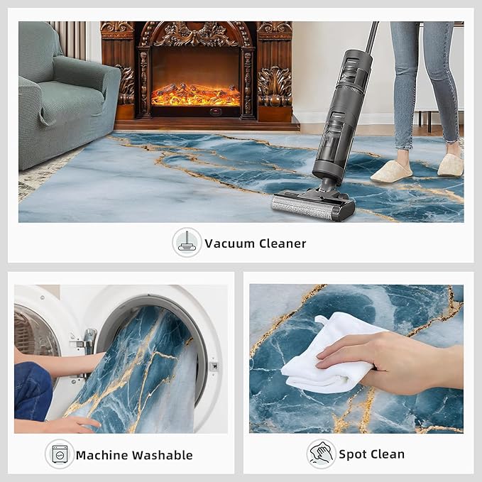 5x8 Abstract Marble Kids Rug - Blue-White-Marble Dining Room Rug, Luxury Stone Pattern Area Rugs Indoor Modern Rugs for Bedroom Hardwood Floors Teen Room