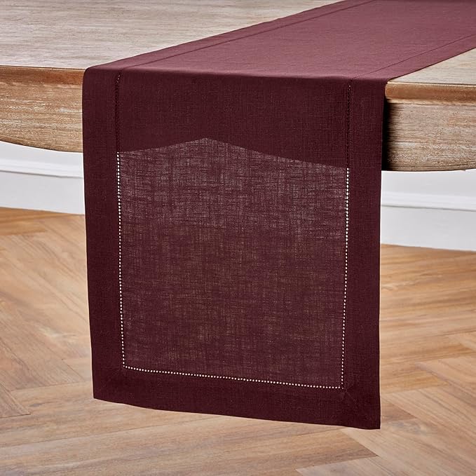 Solino Home Linen Burgundy Table Runner 132 Inches Long - 100% Pure Linen Extra Long Table Runner 14 x 132 Inch for Christmas, Winter, New Year - Classic Hemstitch