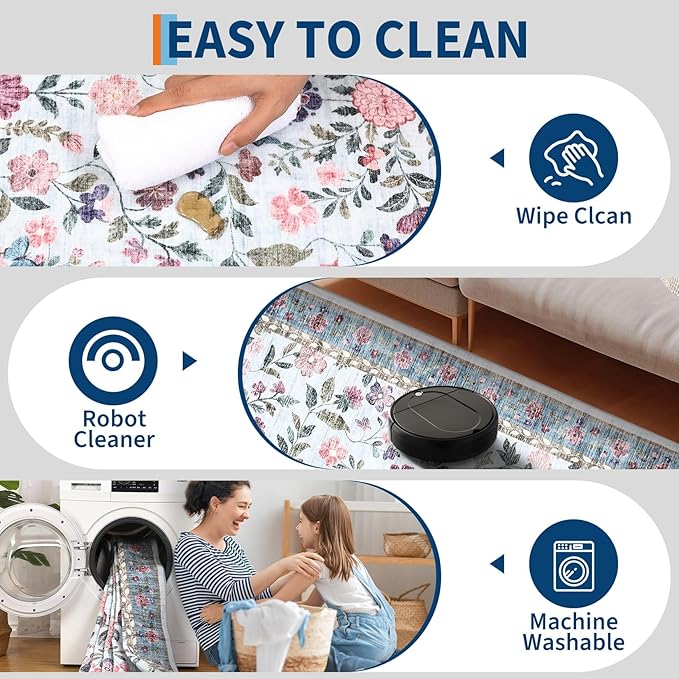 5x7 Washable Non-Slip Rug, Vintage Floral Area Rug for Living Room, Low Pile Farmhouse Distressed Carpet for Nursery Playroom Dorm Teens Office, Light Blue