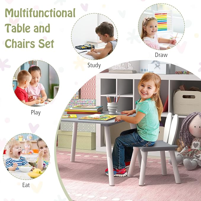 Costzon Kids Table and Chair Set, 3 Pieces Wooden Activity Table & 2 Rabbit