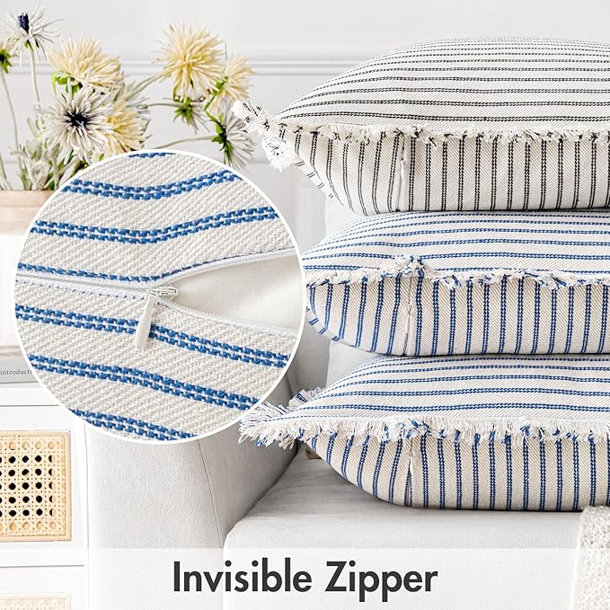 MIULEE Pack of 2 Royal Blue Pillow Covers 22x22 Inch Striped Farmhouse Couch Throw Pillow Covers with Fringe Chic Linen Decorative Cushion Covers for Sofa Living Room Bed Outdoor Home Decor