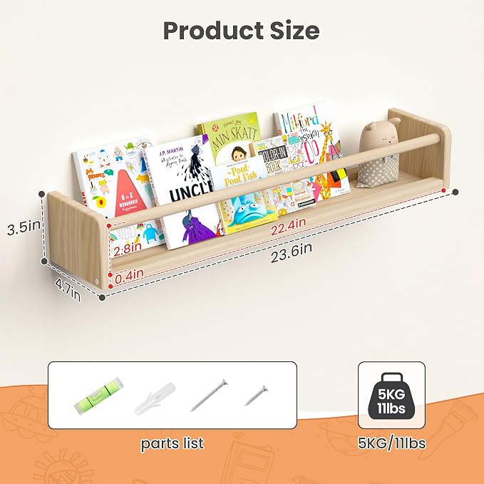 upsimples 2 Pack Nursery Book Shelves, 23.6 Inch Floating Bookshelves
