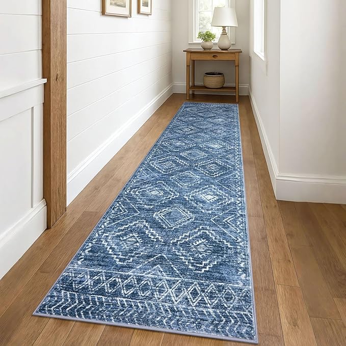 KILOCOCO Hallway Runner Rug 3x10 Runners for Hallways Washable Runner Rug Non Slip Rubber Backed Low-Pile Runners for Bedroom Kitchen Living Room Laundry Room Boho Rugs, Stonewashed Blue