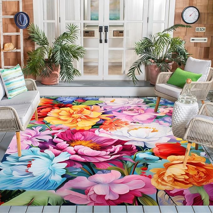 Floral Outdoor Rug Vibrant Waterproof Non Slip Patio Rugs for Balcony Garden Camping Poolside 7x10 Machine Washable Porch Deck Flower Print Outside Carpet Vintage Bathmat Orange Pink
