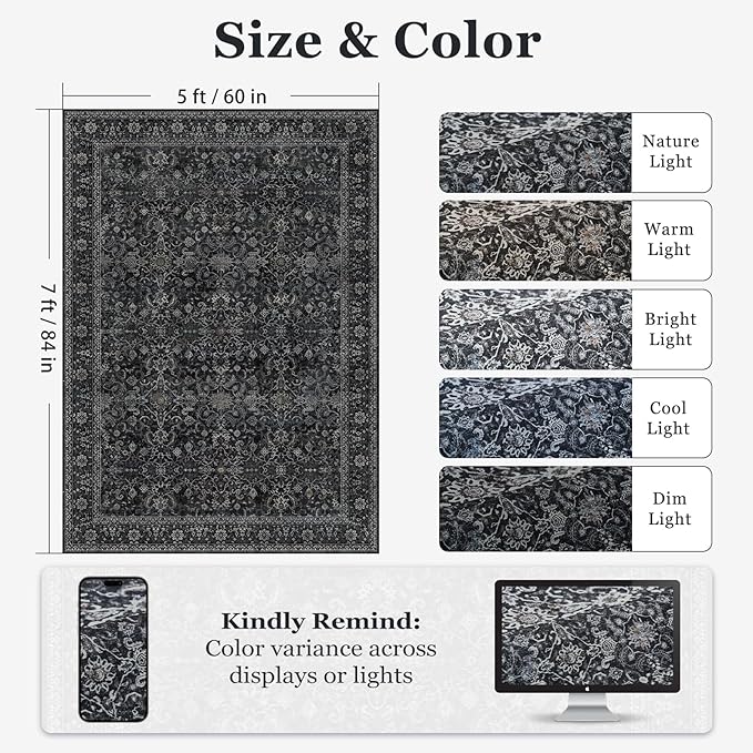 Charcoal 5x7 Area Rugs for Living Room Bedroom, Washable Non Slip Low Pile Thin Soft Carpet Rugs for Dining Room/Kitchen/Home Office/Nursery, Vintage Earth Tone Dark Muted Black and Grey Rug