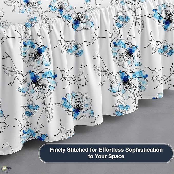 Cottington Lane Ruffled Bed Skirt Twin Size with Split Corner, Brushed Microfiber Hotel Quality Dust Ruffle, 21 Inch Drop Gathered Bedskirt, Soft, Stylish, Shrink & Fade Resistant, Blue Blossom
