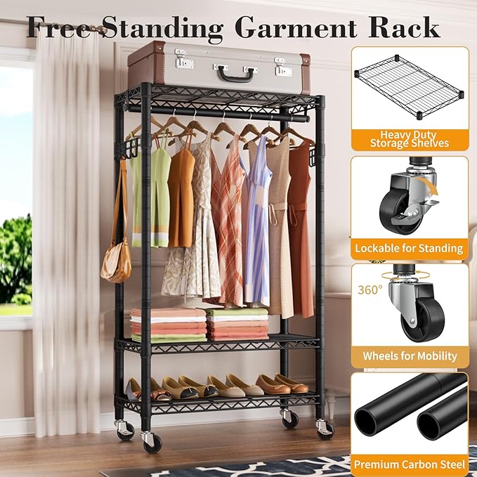 Heavy Duty Clothes Rack Rolling Garment Rack,3 Tier Adjustable Wire Shelving Clothing Racks for Hanging Clothes with Hanger Rod&Side Hooks,Freestanding Wardrobe Storage Rack Metal Portable Closet