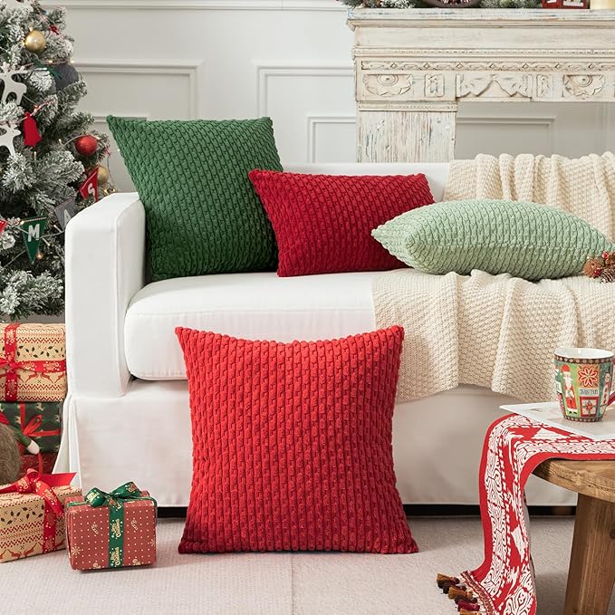 Kevin Textile 12x20 Inch Pillow Cover 1 Pack Boho Christmas Decorative Soft Striped Corduroy Lumbar Farmhouse Color Accent Rectangle Cushion Case for Living Room Couch Sofa Bed, Red