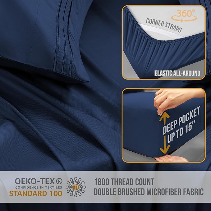 Full Size Bed Sheets Cooling - Luxury Hotel Sheet Set - Soft Sheet with Elastic Corner Strap - Deep Pocket Microfiber Bedsheet - Bedding Sheets & Pillowcases - 4 PC (Full Size, Navy Blue)