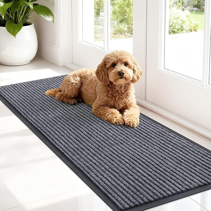 OLANLY Front Door Mat Indoor Outdoor Entrance, Waterproof Heavy Duty Doormat, Fade Resistant, Low Profile, Easy Clean Patio Porch Welcome Floor Mats for Entry, 47x17, Grey