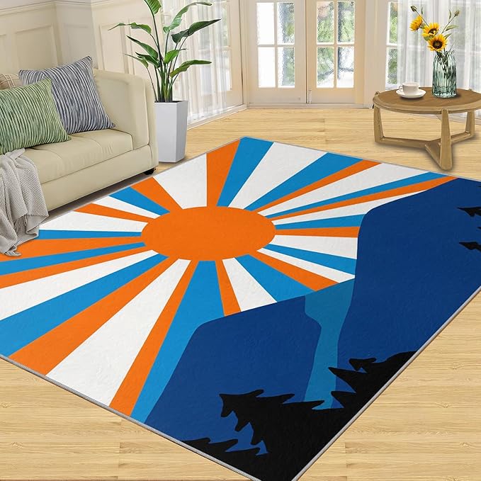 Boho Sun Area Rugs 3x5ft, Abstraction Deco Boys Rugs for Bedroom, Minimalist Sunburst Kids Room Rug Soft Fuzzy Washable for Living Room Game Room Coffee Table