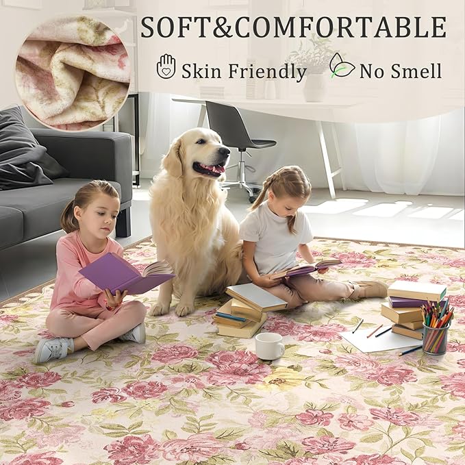 4x6 Machine Washable Area Rug for Living Room, Pink Vintage Boho Floral Rug Large Non-Slip Low Pile Soft Faux Wool Carpet, Kids and Pets Friendly for Bedroom Dining Room Farmhouse Home Decor Rug
