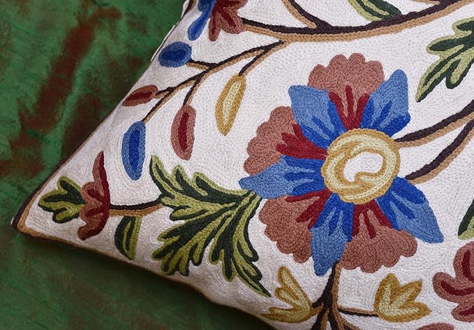 Dahlia Floral Pillow Cover - Cream Flower Pillowcase - Outdoor Cushion - Suzani Farmhouse Chair Throw - Traditional Chair Cushions - Hand Embroidered Wool Size - 18x18