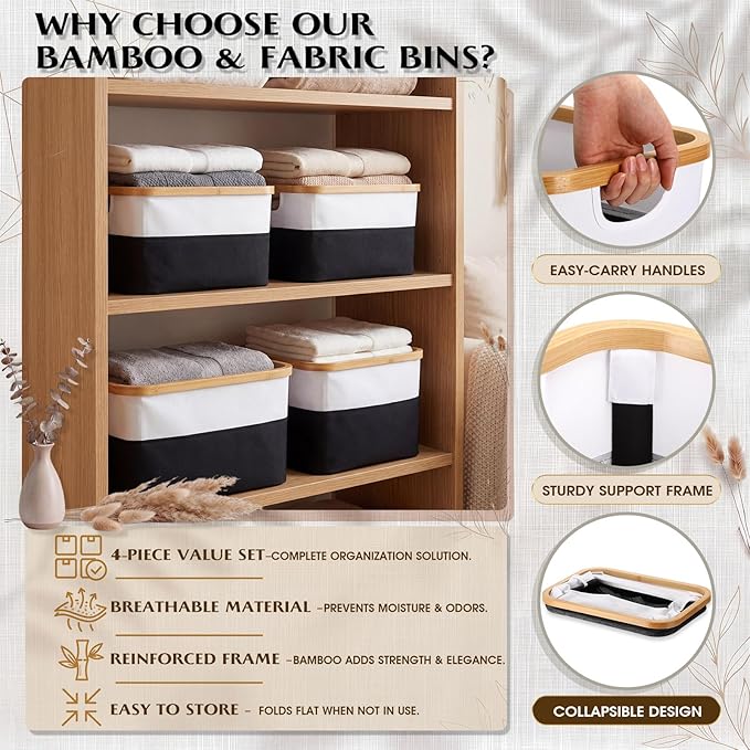 Hushee 4 Pack Bamboo Fabric Storage Bins for Shelves, 15"x10"x7.9" Collapsible Storage Baskets for Organizing, Two-Tone Foldable Bins for Clothes, Towels, Linens(White and Black)