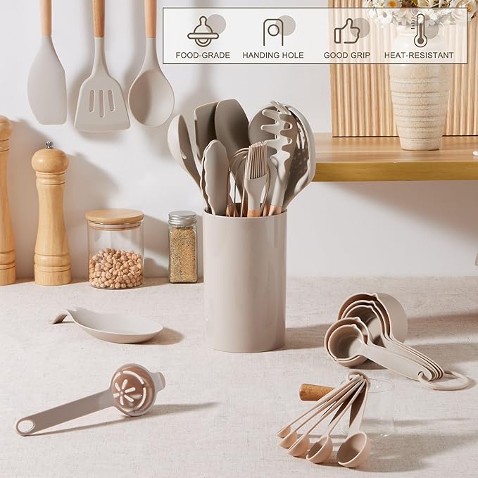 E-far Silicone Kitchen Utensils Set with Holder, 25-Piece Cooking Utensil Set with Wooden Handle for Nonstick Cookware, 446°F Heat Resistant Kitchen Tool Spatula Tong Whisk, Non-toxic & Healthy, Khaki