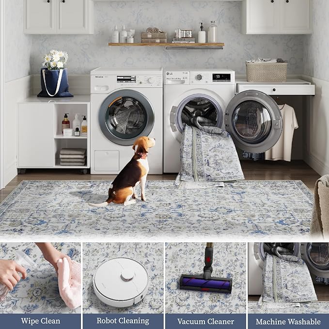 jinchan Kalen Runner Rug 3x7 Washable Area Rug Soft Indoor Floor Cover Thin Retro Distressed Blue Multi Carpet Floral Print Country Boho Non Slip for Bathroom Kitchen Bedroom Living Room