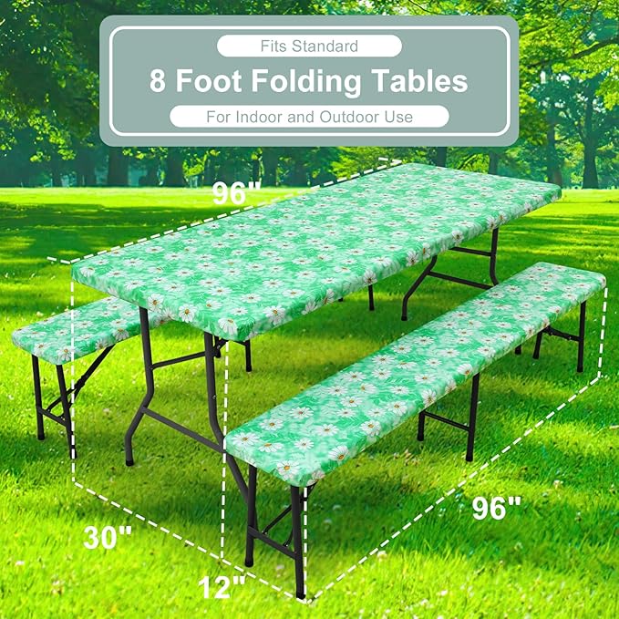 misaya Picnic Table Cover with Bench Cover, Waterproof Elastic Fitted Tablecloth for 8 Foot Tables, Rectangle Washable Polyester Tablecloths for Picnic, Camping, Outdoor (Green Daisy, 30" x 96")