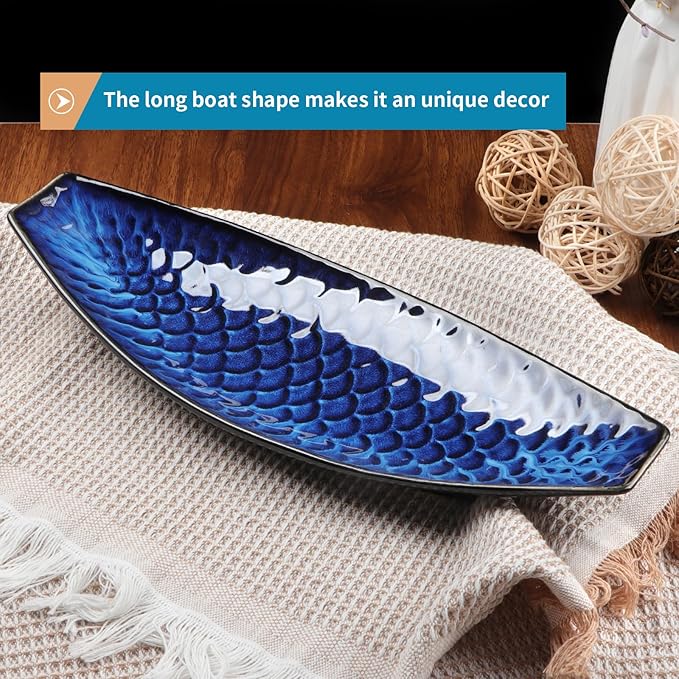 Sanbege 16" Large Ceramic Decorative Tray, Long Boat Shaped Centerpiece Bowl, Multipurpose Serving Platter for Home, Party Decor or Sushi, Fruits, Desserts (Blue)