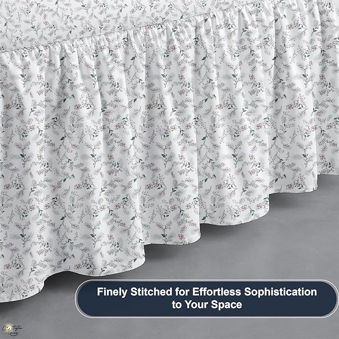 Cottington Lane Ruffled Bed Skirt King Size with Split Corner, Brushed Microfiber Hotel Quality Dust Ruffle, 15 Inch Drop Gathered Bedskirt, Soft, Stylish, Shrink & Fade Resistant, Coco Rose Leaf