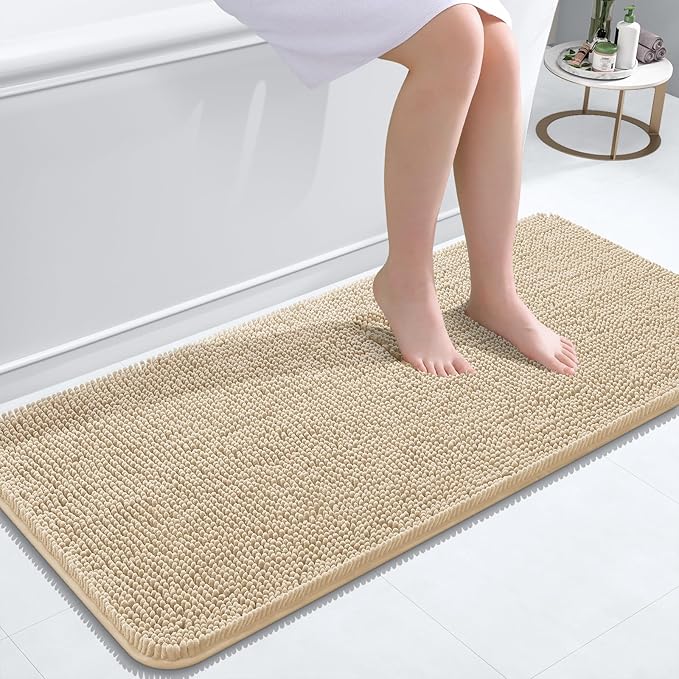 OLANLY Bathroom Rugs 47x20, Extra Soft Absorbent Chenille Bath Rugs, Rubber Backing Quick Dry, Machine Washable Bath Mats for Bathroom Floor, Tub and Shower, Home Decor Accessories, Beige