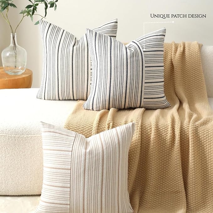 DWR Striped 3D Textured Weave Throw Pillow Covers 20x20 Set of 2, Polyester Cotton Blend in Black, Modern Farmhouse Decorative Pillow Cases for Couch Sofa Bed Living Room