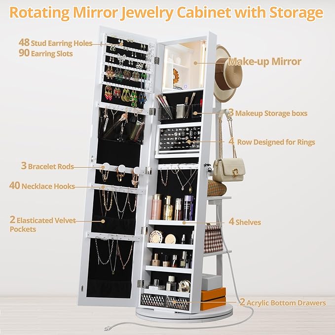 IRONCK 360° Swivel Mirrored Jewelry Cabinet with Full-Length Mirror, Charging Station, Lockable Standing Jewelry Organizer with Rear Storage Shelves, Interior Mirror, LED Lights, White