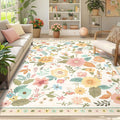 Floral 6x9 Area Rug Machine Washable Soft Print Boho Carpet Non Slip Doormat Low Pile Flower Area Rugs for Living Room Bedroom Nursery Kitchen Dining Room Indoor-Beige/White/Orange