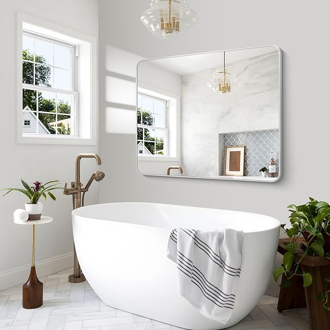 BONEWEI Silver Bathroom Mirror,40x48 inch Wall Mirror for Bathroom Wall Mounted,Rectangle Mirror for Bathroom Over Sink,Modern Frame Round Corner for Living Room,Bedroom Entryway,Horizontal/Vertical