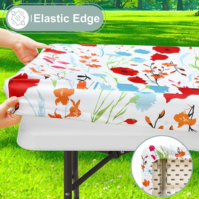 misaya Picnic Table Cover with Bench Cover, Waterproof Elastic Fitted Tablecloth for 6 Foot Tables, Rectangle Washable Polyester Fabric Tablecloths for Picnic, Camping, Outdoor (Flower, 30" x 72")