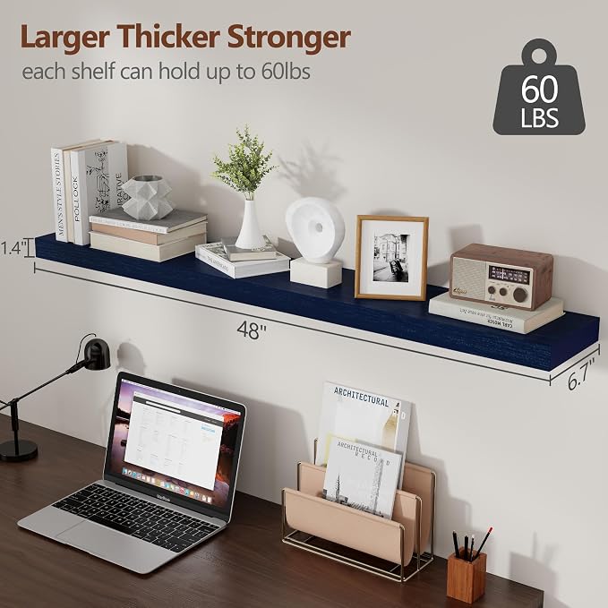 fuqing Dark Blue Floating Shelves 48 Inch, Solid Wooden Wall Shelves Set of 2