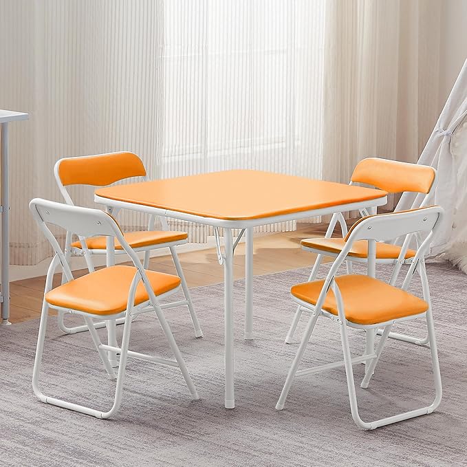 VECELO Kids Folding Activity Table and Chairs 5 Pcs Set, Portable, with Ultra Soft Padded Cushion, Orange