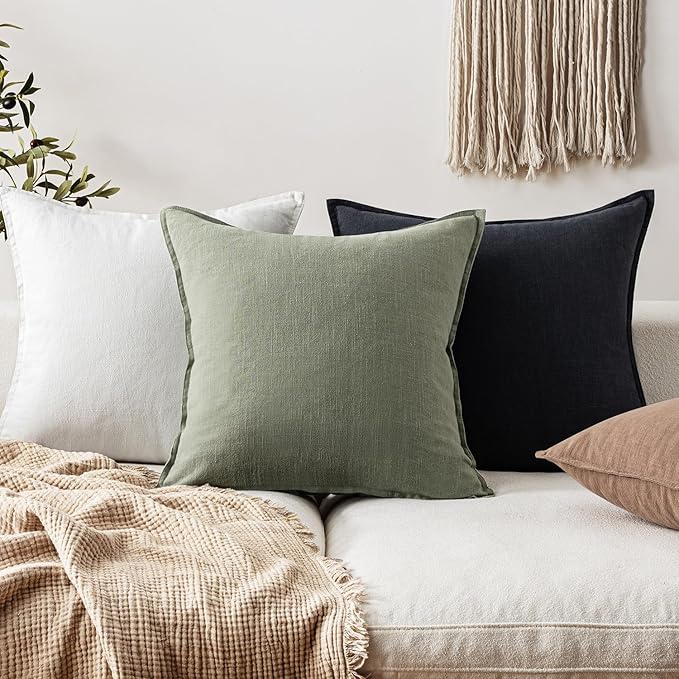 EMEMA Throw Pillow Covers Decorative Linen Pillow Covers 26x26 Inch Light Olive Green Boho Farmhouse Neutral Couch Throw Pillows for Bed Pack of 2 Accent Pillowcase Modern Sofa Cushion Livingroom Home