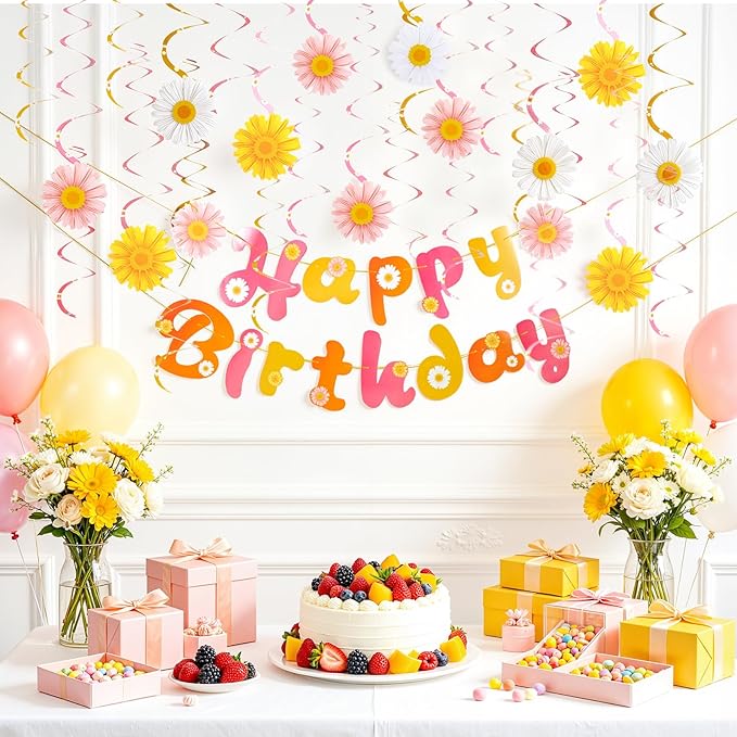 SUNBEAUTY Daisy Groovy Party Decoration Boho Happy Birthday Banner Daisy Paper Hanging Swirls Flower Birthday for Women Birthday Classroom Office Boho Hippie Retro Birthday Baby Shower Party Supplies