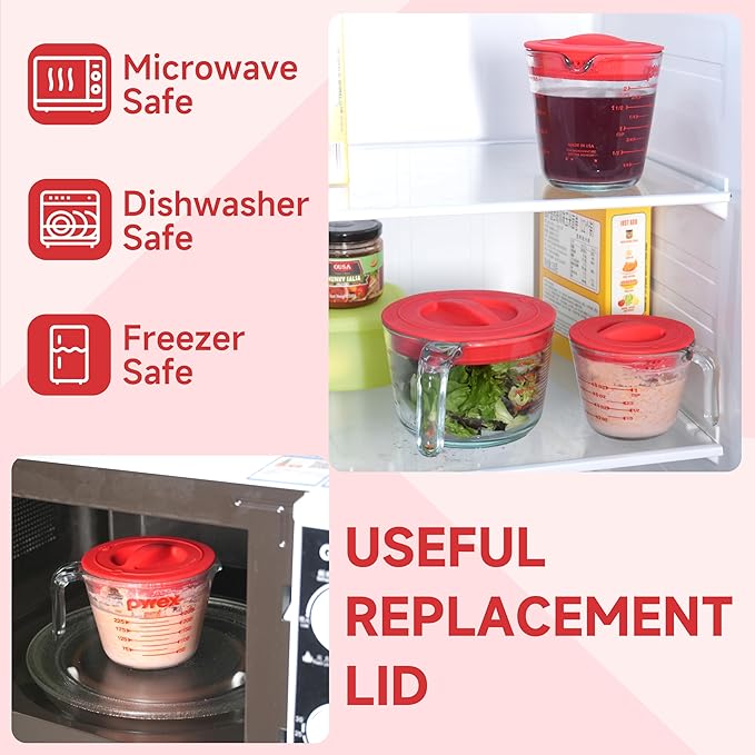 1 Pack Silicone Replacement Lids, Only Fit For Pyrex 8-Cup Tempered Glass Liquid Measuring Cups, Reusable & Food-Grade Silicone, Dishwasher & Microwave Safe (Cups not Included)
