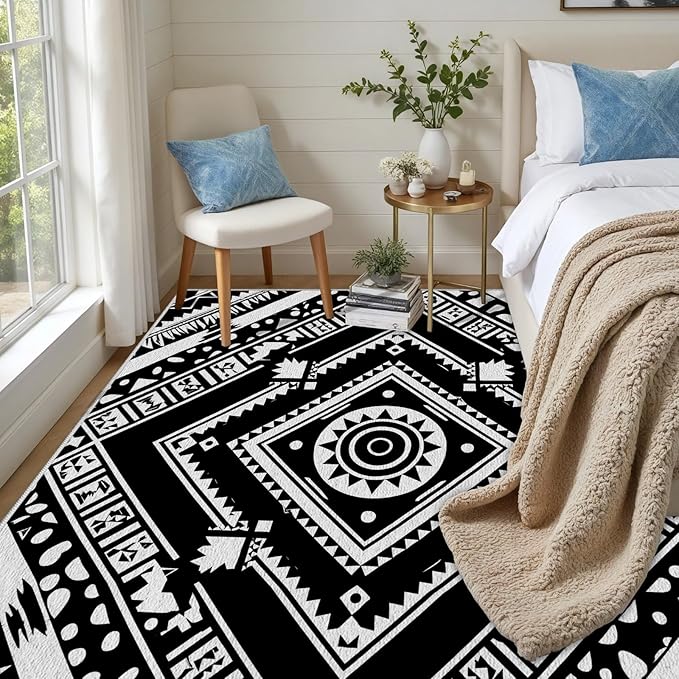 Area Rugs for Living Room 4x6, Moroccan Washable Low Pile Rug, Boho Neutral Farmhouse Ultra Soft Carpet for Bedroom Dining Room Home Decor, Geometric Print Tribal Carpets Black and White