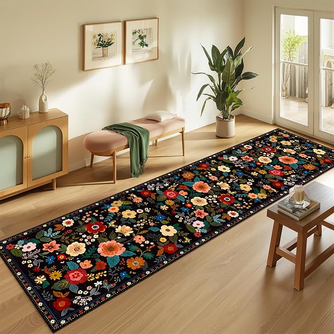 Floral 2x10 Area Rug Machine Washable Soft Print Boho Carpet Non Slip Doormat Low Pile Flower Area Rugs for Living Room Bedroom Nursery Kitchen Dining Room Indoor-Black