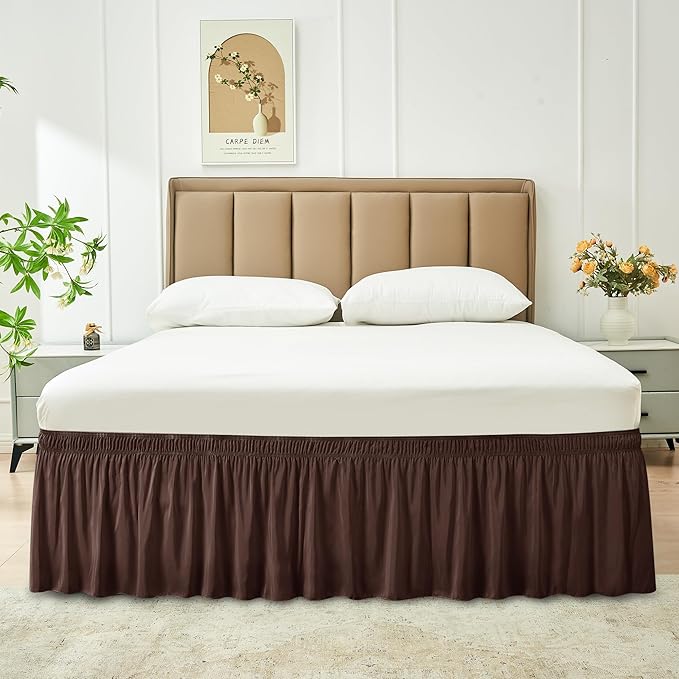 Biscaynebay Wrap Around Bed Skirts for Queen Beds with Short Drop of 12", Brown Adjustable Elastic Dust Ruffles Easy Fit Wrinkle Resistant Silky Luxurious Fabric Machine Washable
