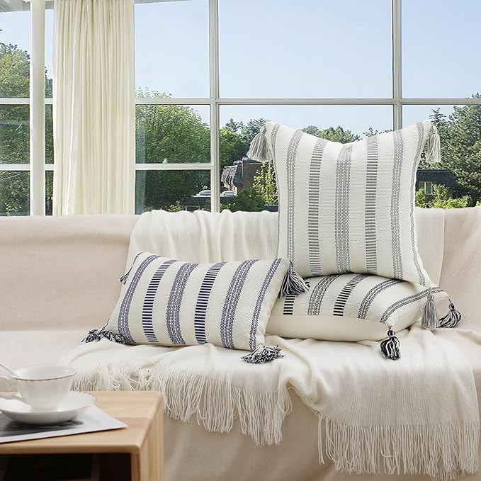 Smile Bee Boho Outdoor Couch Throw Pillow Covers Set of 2, Decorative Thick Woven Striped Accent Neutral Pillow Covers with Tassels for Bed Sofa Home Decor, 18x18 Inch, Black and Cream White