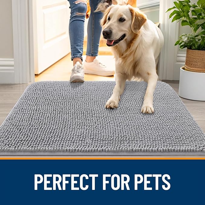 OLANLY Dog Door Mat for Muddy Paws 36x24, Absorbs Moisture and Dirt, Absorbent Non-Slip Washable Doormat, Quick Dry Chenille Mud Mat for Dogs, Entry Indoor Entryway Carpet for Inside Floor, Light Grey