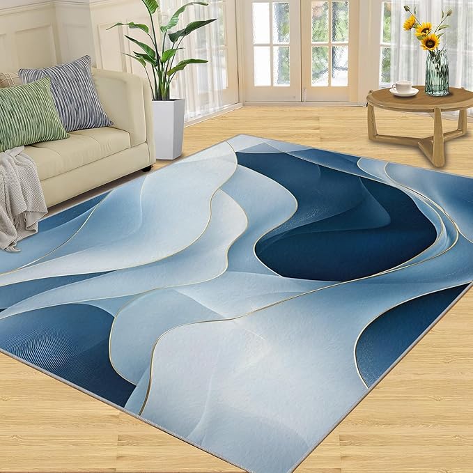 6x8 Abstract Lines Classroom Rugs - Blue-White-Waves Playroom Rug, Modern Abstract Carpet Area Rug for Girls Bedroom Kids Room Basement Office Classroom