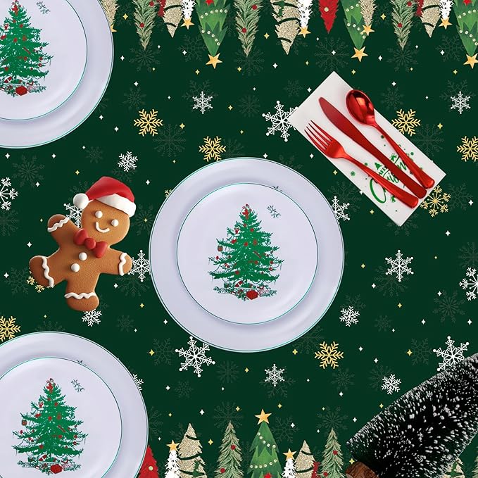 Christmas Tablecloth, 2 Pack Plastic Christmas Tablecloth Disposable for Rectangle Table Snowflake Xmas Tree Table Cloth Tables Cover for Xmas Holiday New Year Party Supplies Decoration 54 x 108 Inch