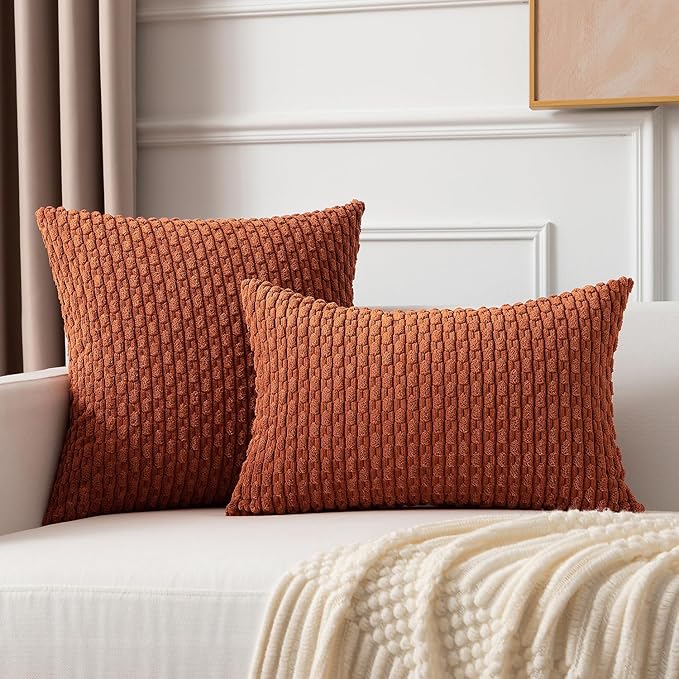 Kevin Textile Fall 14x24 Inch Pillow Cover 1 Pack Boho Decorative Soft Striped Corduroy Lumbar Farmhouse Solid Color Accent Rectangle Cushion Case for Living Room Couch Sofa Bed, Rust