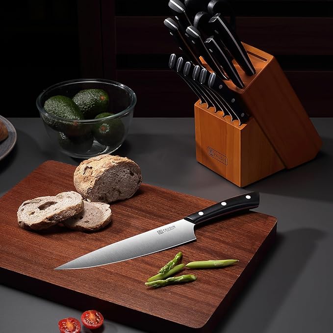 PAUDIN Knife Block Set, 15-Piece Knife Set with Block, High Carbon German Steel Kitchen Knife Set with Block and Sharpener, Sharp Knives Set for Kitchen, Precision Cutting with Ergonomic Handle