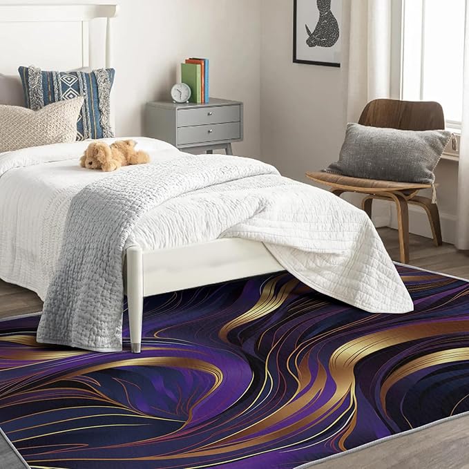 Purple and Gold Rug, 5x6 Rug, Luxury Rugs for Living Room Bedroom, Abstract Large Area Rug, Washable Rug Non Slip Soft Indoor Carpet, Purple and Gold Home & Room Decor