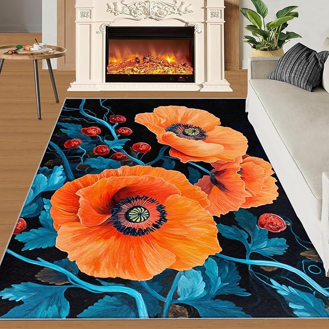 6x8 Poppy Classroom Rugs - Retro Flowers Art Playroom Rug, Rustic Florals Art Carpet Area Rug for Girls Bedroom Kids Room Basement Office Classroom