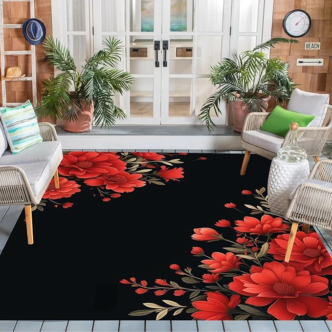 Botanical Floral Pattern 3x8 Outdoor Rug for Patio Deck Camping Balcony Porch Garden Backyard Flower Print Large Carpet Black Red Soft Waterproof Non Slip Outside Mat